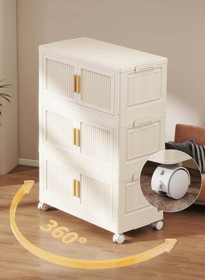 GUDOO 5 Tier Storage Bins Stackable with Doors Plastic Drawers Rolling Wheels for Bedroom Closet, Compact Dorm Organizer Cream Finish, Easy Gliding Shelves - Image 2